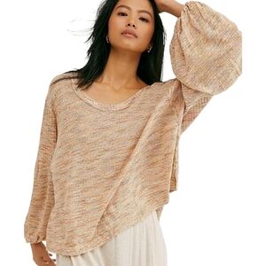 FREE PEOPLE Top Happy Day Puff Sleeve Rib Relaxed Orange Hi Low Hem Women's XS